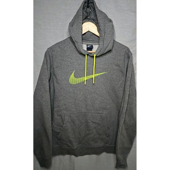 Nike Hoodie Sweatshirt Mens Large Check Embroidered Swoosh Logo Gray Volt Green - Picture 1 of 9